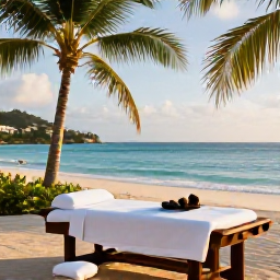 Caribbean Holidays, June Spa Breaks, Relaxing beachfront spa treatment at a luxury resort in Antigua, with palm trees, turquoise sea and soft morning light