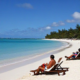 Caribbean Holidays, June Spa Breaks, Visitors relaxing on the white sands of Grace Bay Beach in June, Turks and Caicos, with calm shallow water, sun loungers and palm trees