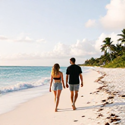 Caribbean Holidays, June Tours, Couple walking along an uncrowded white sand beach in Turks and Caicos beneath a warm June sky