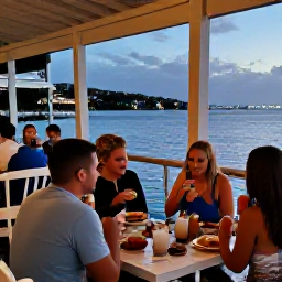 Caribbean Holidays, June Tours, Friendly visitors enjoying fresh Caribbean food and drinks at a relaxed waterfront restaurant in Tortola during early evening