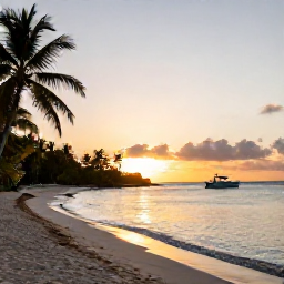 Caribbean Holidays, June Tours, Golden sunset over a quiet British Virgin Islands beach, with calm turquoise water, palm trees and a small boat offshore