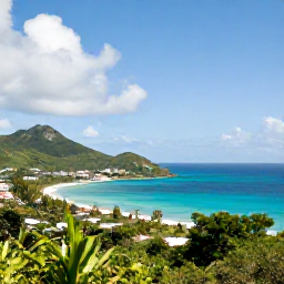 Caribbean Holidays, June Tours, Panoramic view of Saint Martin and Sint Maarten coastline in June, turquoise sea, green hills and scattered white clouds