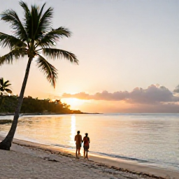 Caribbean Holidays, June Tours, Relaxed Caribbean beach scene on Saint Martin at sunset, calm water, palm trees and a couple enjoying a June holiday