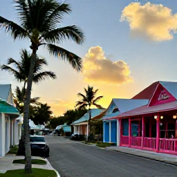 Caribbean Holidays, June Tours, Relaxed outdoor restaurant and colourful local street scene in Grace Bay, Providenciales, Turks and Caicos at sunset