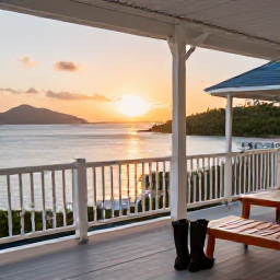 Caribbean Holidays, June Walking Holidays, A comfortable Caribbean guesthouse terrace at sunset in the British Virgin Islands, with walking boots and a sea view