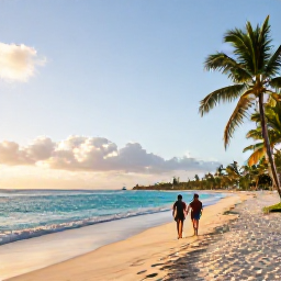 Caribbean Holidays, June Walking Holidays, A couple walking along a quiet sandy beach in Barbados at sunrise, with turquoise water, palm trees and a peaceful Caribbean atmosphere