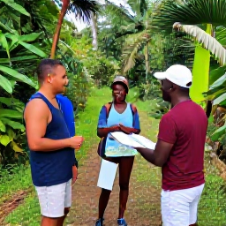 Caribbean Holidays, June Walking Holidays, A friendly local guide speaking with visitors beside a tropical trail in Trinidad and Tobago, with a map and lush vegetation nearby