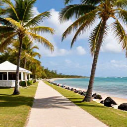 Caribbean Holidays, June Walking Holidays, A quiet Caribbean beach path near Grand Case with palm trees, calm blue water and a small local restaurant
