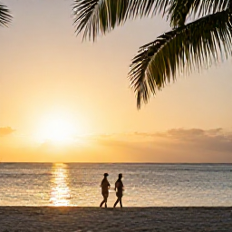 Caribbean Holidays, June Walking Holidays, A relaxed couple walking beside the sea at sunset on Grace Bay, Providenciales, with warm light and palm silhouettes