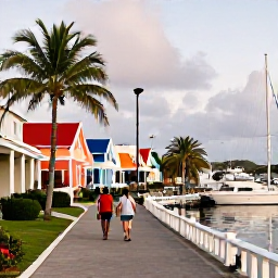 Caribbean Holidays, June Walking Holidays, A relaxed June afternoon in Road Town, Tortola, with walkers, colourful buildings, palm trees and yachts in the harbour