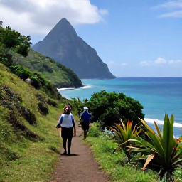 Caribbean Holidays, June Walking Holidays, A scenic coastal walking trail in Saint Lucia with green hills, tropical plants and clear blue Caribbean sea under soft June sunshine