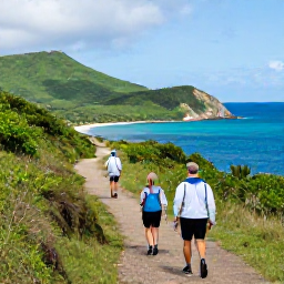 Caribbean Holidays, June Walking Holidays, A scenic coastal walking trail on Saint Kitts with green hills, blue Caribbean sea and walkers in light hiking clothes