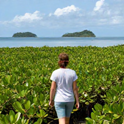 Caribbean Holidays, June Walking Holidays, A visitor walking through the mangroves of Chalk Sound National Park in June, with calm water, green vegetation and distant islands