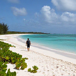Caribbean Holidays, June Walking Holidays, A walker following a quiet sandy beach on Providenciales in June, with turquoise water, low scrub and bright Caribbean sunshine