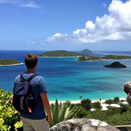 Caribbean Holidays, June Walking Holidays, A walker looking across turquoise bays and small islands from a viewpoint on Tortola, British Virgin Islands