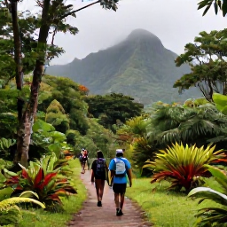 Caribbean Holidays, June Walking Holidays, Hikers following a forest trail towards Mount Liamuiga on Saint Kitts, surrounded by lush tropical plants and misty mountain scenery