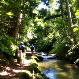 Caribbean Holidays, June Walking Holidays, Hikers walking through a lush rainforest trail in Dominica beside a clear stream, with tropical trees and shafts of sunlight