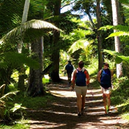 Caribbean Holidays, June Walking Holidays, Hikers walking through lush tropical woodland on Saint John, United States Virgin Islands, with dappled sunlight and a clear island trail