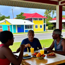 Caribbean Holidays, June Walking Holidays, Travellers relaxing at a friendly Caribbean caf&eacute; after a walk, with fresh fruit, local food and a colourful island village setting