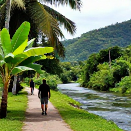 Caribbean Holidays, June Walking Holidays, Walkers following a gentle path beside a tropical river in the Dominican Republic, surrounded by palms, broad-leaved plants and forested hills