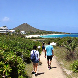 Caribbean Holidays, June Walking Holidays, Walkers following a narrow island path through low tropical vegetation towards a bright Caribbean beach on Saint Barth&eacute;lemy