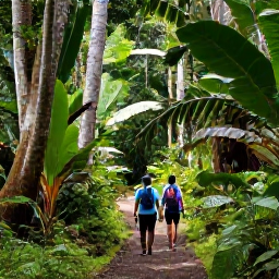 Caribbean Holidays, June Walking Holidays, Walkers following a shaded forest path in the Northern Range of Trinidad, surrounded by tropical plants and towering trees