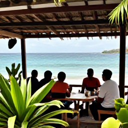 Caribbean Holidays, June Walking Holidays, Walkers relaxing at a shaded beach caf&eacute; on Saint Barth&eacute;lemy after a coastal hike, with tropical plants and calm blue sea
