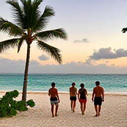 Caribbean Holidays, June Walking Holidays, Walkers relaxing on a Dominican Republic beach after a countryside hike, with turquoise water, palms and a warm evening sky