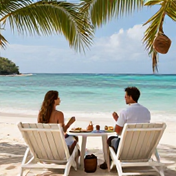 Caribbean Holidays, June Weddings, A couple enjoying a quiet honeymoon morning on a Haitian beach, with breakfast, loungers and tropical sea views