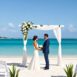 Caribbean Holidays, June Weddings, A couple exchanging vows on a sunny beach in Saint Barth&eacute;lemy in June, with turquoise sea, white sand and elegant tropical wedding details