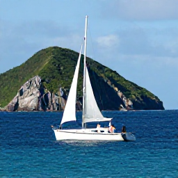 Caribbean Holidays, June Weddings, A couple sailing between the British Virgin Islands after their wedding, bright blue sea, rugged green islands and a small white yacht