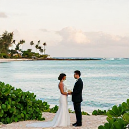 Caribbean Holidays, June Weddings, A happy couple exchanging wedding vows beside a calm turquoise sea on a Jamaican beach in June, with tropical greenery and soft afternoon light