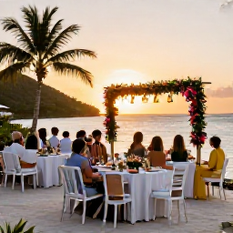 Caribbean Holidays, June Weddings, A happy wedding party enjoying a sunset reception beside the sea in the British Virgin Islands, tropical flowers, lanterns and tables overlooking the water