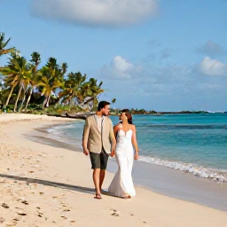 Caribbean Holidays, June Weddings, A newly married couple walking along a golden Puerto Rican beach, with clear blue water and tropical greenery