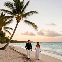 Caribbean Holidays, June Weddings, A newly married couple walking beside a tropical Haitian beach at sunset, with palm trees and calm turquoise water
