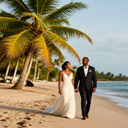 Caribbean Holidays, June Weddings, A newly married couple walking hand in hand along a quiet palm-fringed beach in Trinidad and Tobago during warm June sunshine