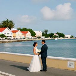 Caribbean Holidays, June Weddings, A newlywed couple exploring Gustavia in Saint Barth&eacute;lemy, with colourful buildings, a picturesque harbour and sunny Caribbean streets