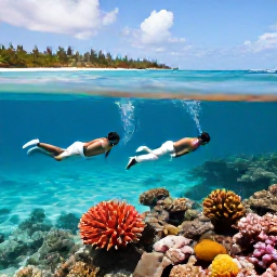 Caribbean Holidays, June Weddings, A newlywed couple snorkelling in clear Tobago water near a colourful coral reef, with a tropical beach in the distance