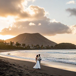 Caribbean Holidays, June Weddings, A newlywed couple walking along a quiet Montserrat beach at sunset, with volcanic hills in the distance