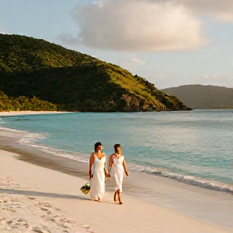 Caribbean Holidays, June Weddings, A newlywed couple walking along a quiet white-sand beach in the British Virgin Islands at golden hour, turquoise sea and green hills in the background