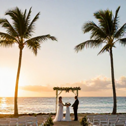 Caribbean Holidays, June Weddings, A relaxed beachfront wedding ceremony in Puerto Rico at sunset, with palm trees, warm light and the Caribbean Sea
