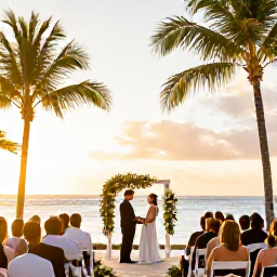 Caribbean Holidays, June Weddings, A romantic St Barts wedding ceremony beside the sea at sunset, with a small group of guests, palm trees and soft golden light