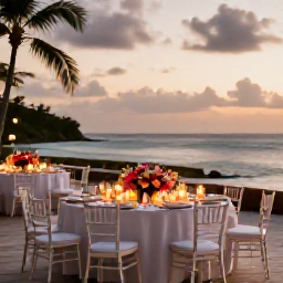Caribbean Holidays, June Weddings, A stylish tropical wedding reception at sunset in Tobago, with round tables, local flowers and soft lights beside the sea