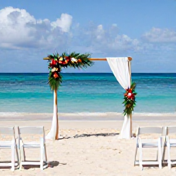 Caribbean Holidays, June Weddings, An intimate beach wedding ceremony in Tobago with white chairs, simple tropical flowers and turquoise sea in the background