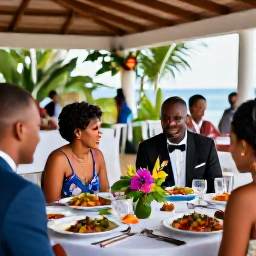 Caribbean Holidays, June Weddings, Bride and groom enjoying a relaxed June wedding reception outdoors in Jamaica, with tropical flowers, local dishes and guests under a shaded terrace