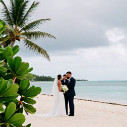 Caribbean Holidays, June Weddings, Bride and groom enjoying a seaside wedding ceremony on a Martinique beach in June, with tropical greenery and calm Caribbean water