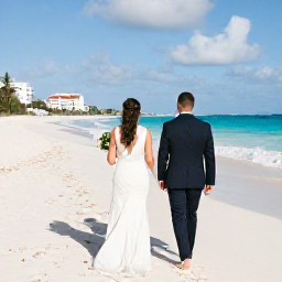 Caribbean Holidays, June Weddings, Bride and groom walking along a bright sandy beach in Saint Martin during a warm June afternoon