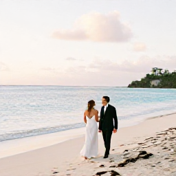 Caribbean Holidays, June Weddings, Bride and groom walking along a quiet Antigua beach at sunset in June, with turquoise water and soft golden light