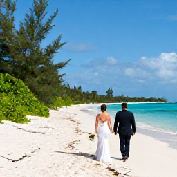 Caribbean Holidays, June Weddings, Bride and groom walking along a quiet white-sand beach in St John after their wedding, with tropical greenery and turquoise water