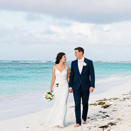 Caribbean Holidays, June Weddings, Bride and groom walking barefoot along a bright white beach in Turks and Caicos during a June wedding, with turquoise sea and soft tropical light